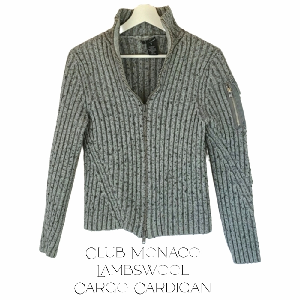 Vintage Lambswool Ribbed Zip Detail Cargo Pocket Sweater Cardiagan, XS